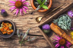 mint, rosemary, coneflower and a few other different flowers, herbs, and plants in a tray and bowl on a wooden table. 