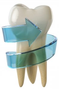 large 3D tooth wrapped in a 3D blue arrow